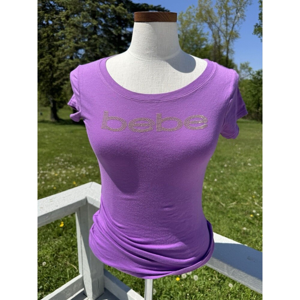 NWT Bebe Purple Rhinestone Logo Baby Tee Y2K US Made Womens Small